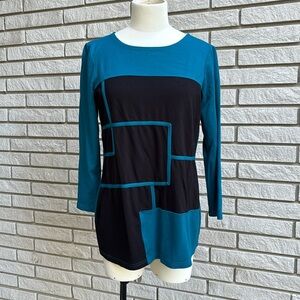 Cleo Petites Geometric Print Blue and Black Long Sleeve Top Size SP